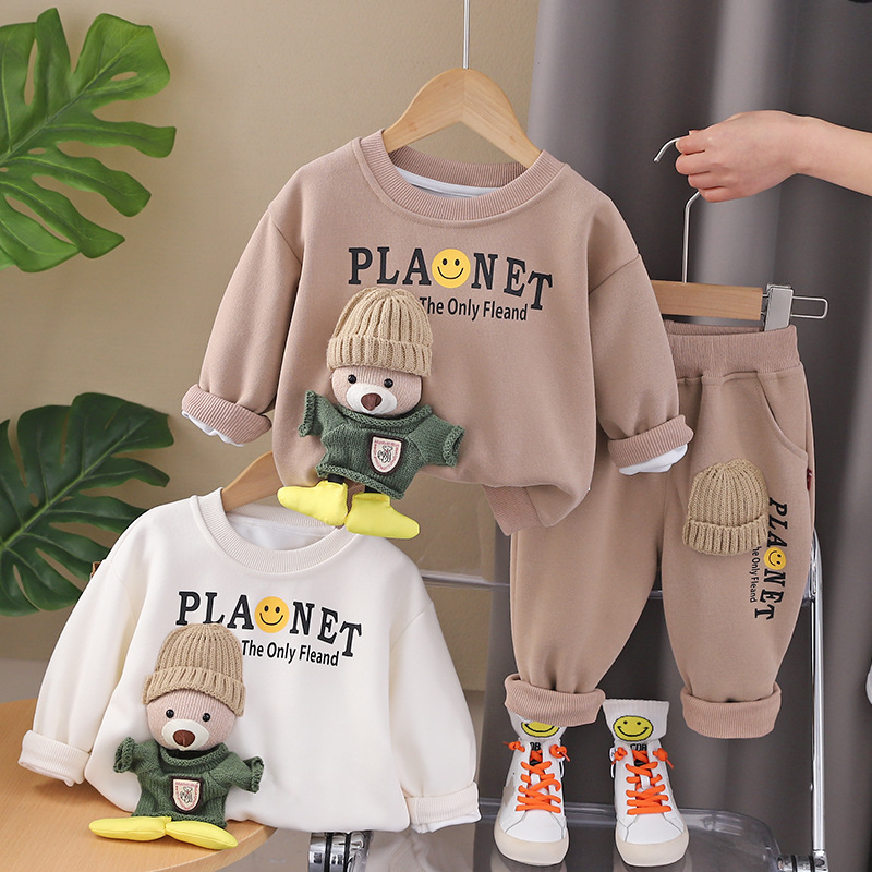 Boys' long-sleeved two-piece Korean-style spring fashion baby fried street spring clothes three-dimensional hooded Bear long-sleeved suit trendy