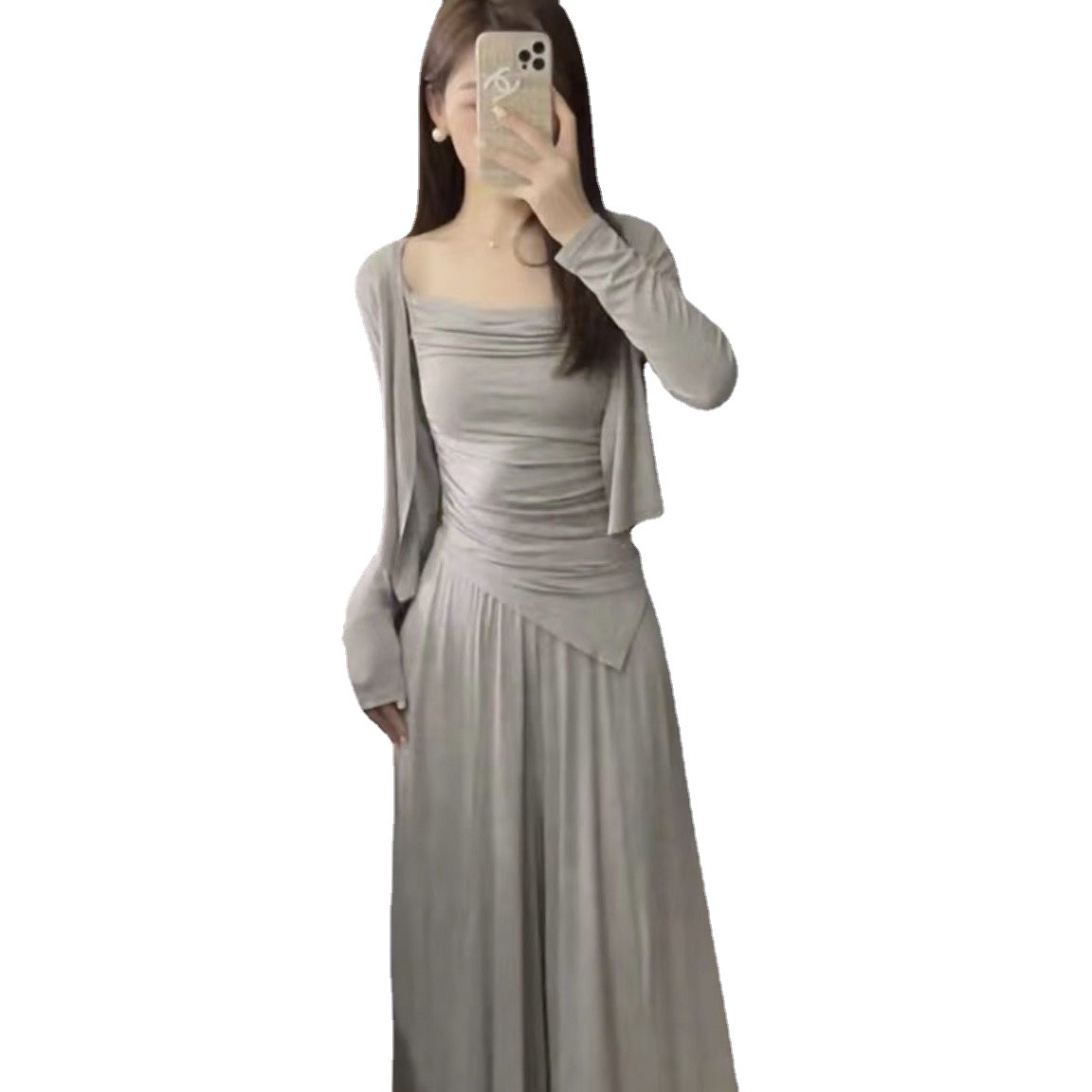 Picture of Lazy Casual Suit for Women Spring & Fall New Style Asymmetrical Suspender Cardigan High-Waisted Floor-Length Pants Slimming Look and Elegant Three-Piece Set