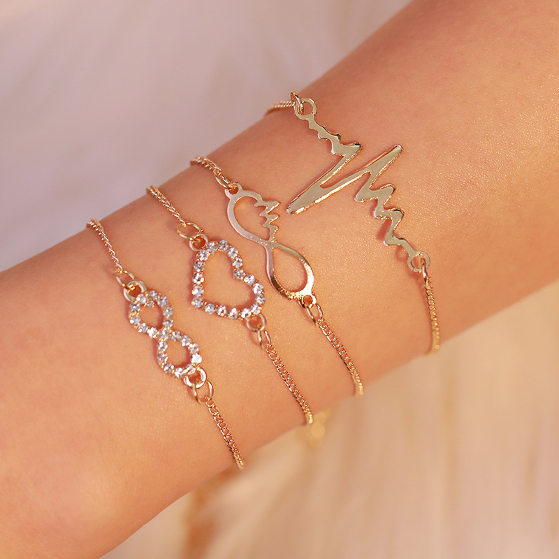 Cross-Border Creative Set of Hand Accessories, Simple Love Diamond Electrocardiogram Four-Piece Set of Bracelets, Women's Fashion Accessories