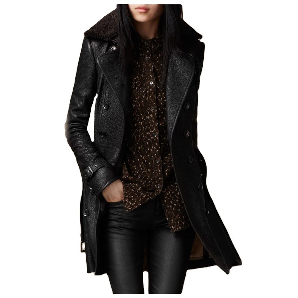 Russian beauty black leather jacket Russian fashion beauty fur collar leather jacket
