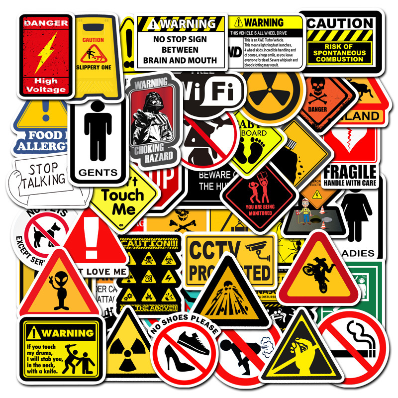 50 Removable Warning Signs Stickers Suitcase Motorcycle Computer Water Cup Waterproof Graffiti DIY Stickers