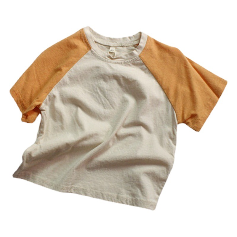 Autumn Girls' Bottoming Shirt Class a Pure Cotton T-Shirt Boys Korean Style Loose Color Matching Round Neck Kidsren's Top Short-Sleeved Spring and Summer