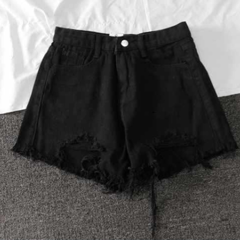 Picture of Cotton-Containing Ripped High-Waisted Denim Shorts for Women Summer 2021 Versatile Slimming Look A-Line Pants Raw Edge Frayed Wide-Leg Pants for Women