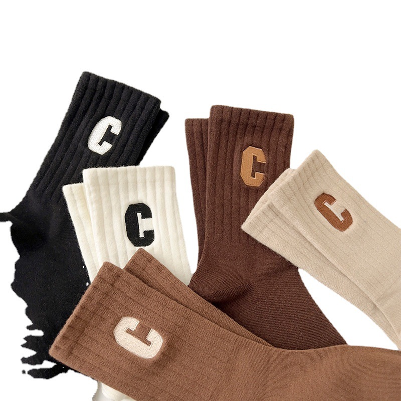 Large C socks Women's Mid-tube socks spring autumn and winter cotton with shark pants high waist women's outerwear tide socks ins long tube