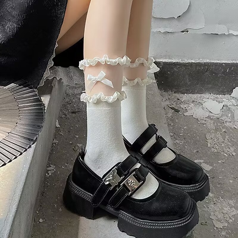 Lace Stitching Socks Japanese Style Sweet Girl Lolita Milk White Cotton Bow Mid-tube Stacked Socks