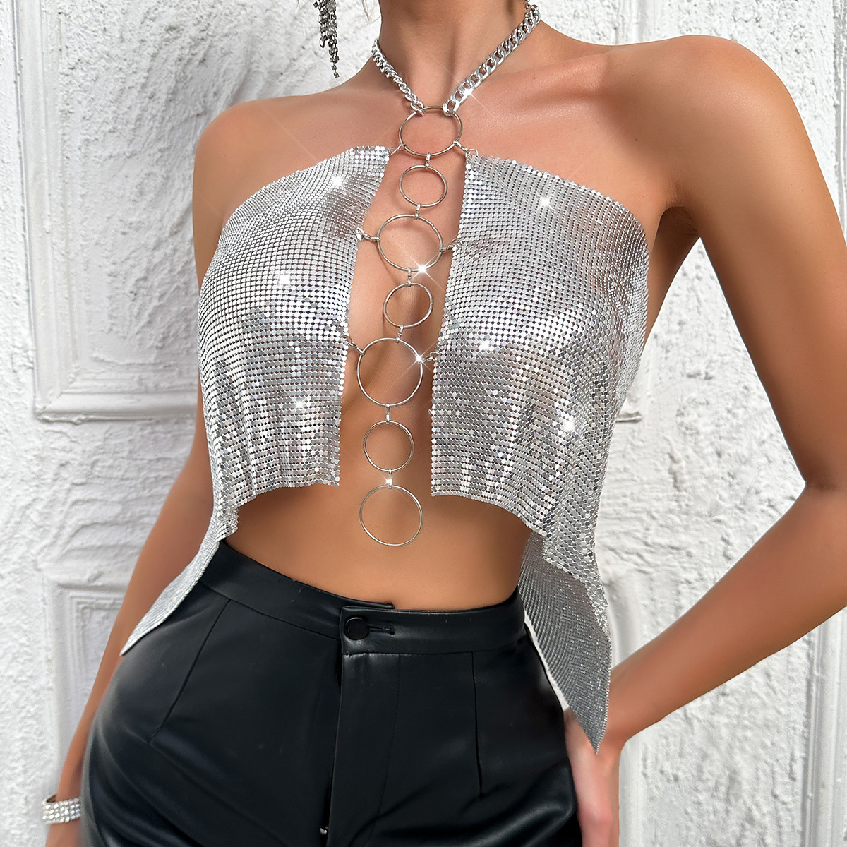 Cross-Border European and American Hot-Selling Metal Aluminum Film Vest Women's Nightclub Top Sexy Backless Iron Hoop Suspender Sequin Top