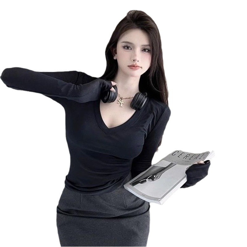 Basic Versatile V-neck Long-sleeved T-shirt Women's Autumn and Winter New Solid Color Slim-fit Slimming Inner Base Shirt Simple Top
