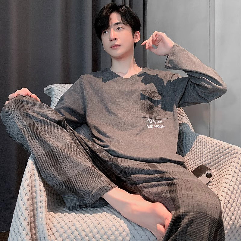 Plaid Pants Pajamas Men's Spring and Autumn Imitation Cotton Long Sleeve 2025 New Casual plus size Outwear Home Clothes suit