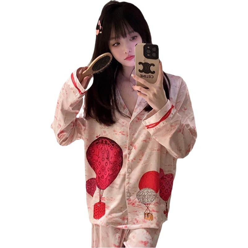 [Donkey hot air balloon] light luxury high-grade pajamas Women's Spring and Autumn long sleeve Ice Silk thin homewear suit