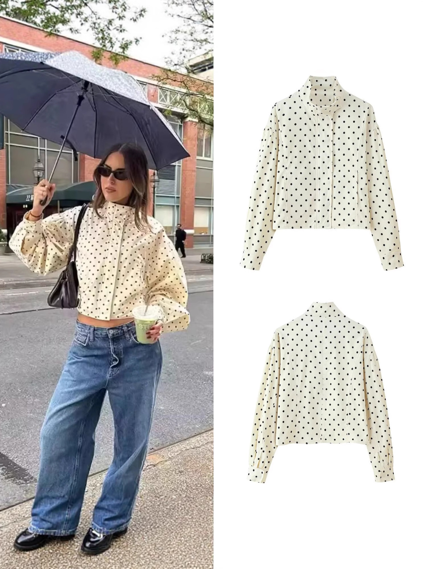 Pre-Fall 2025 New Retro Fashionable French Polka Dot Print Stand Collar Casual Zipper Long Sleeve Jacket for Women