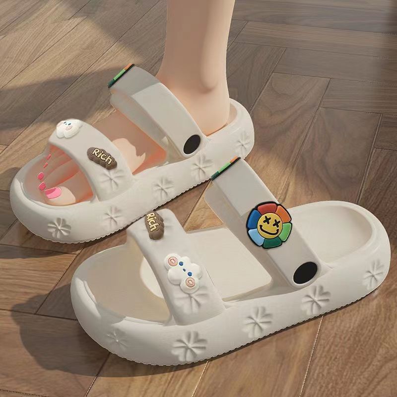 Women's Thick Sole Shit-Feeling Flat Sandals and Slippers for Summer Round Head Outer Wear Fashionable All-Match Breathable Non-Slip Women's Slides
