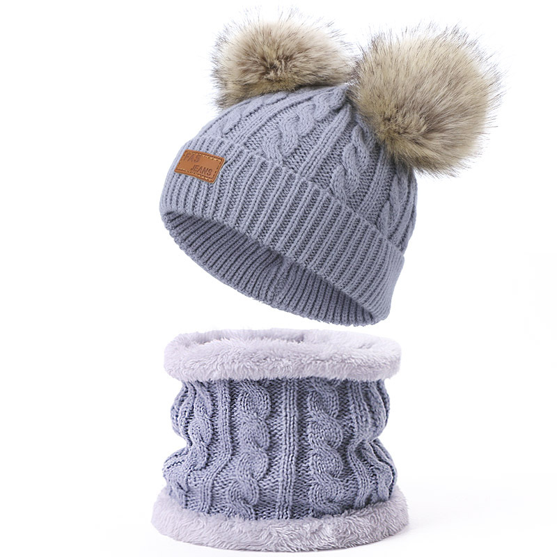 Picture of Winter Children's Neck Hat Two-Piece Pompom Baby Baby Knitted Hat Warm Wool Fleece-Lined Thickened Neck Set