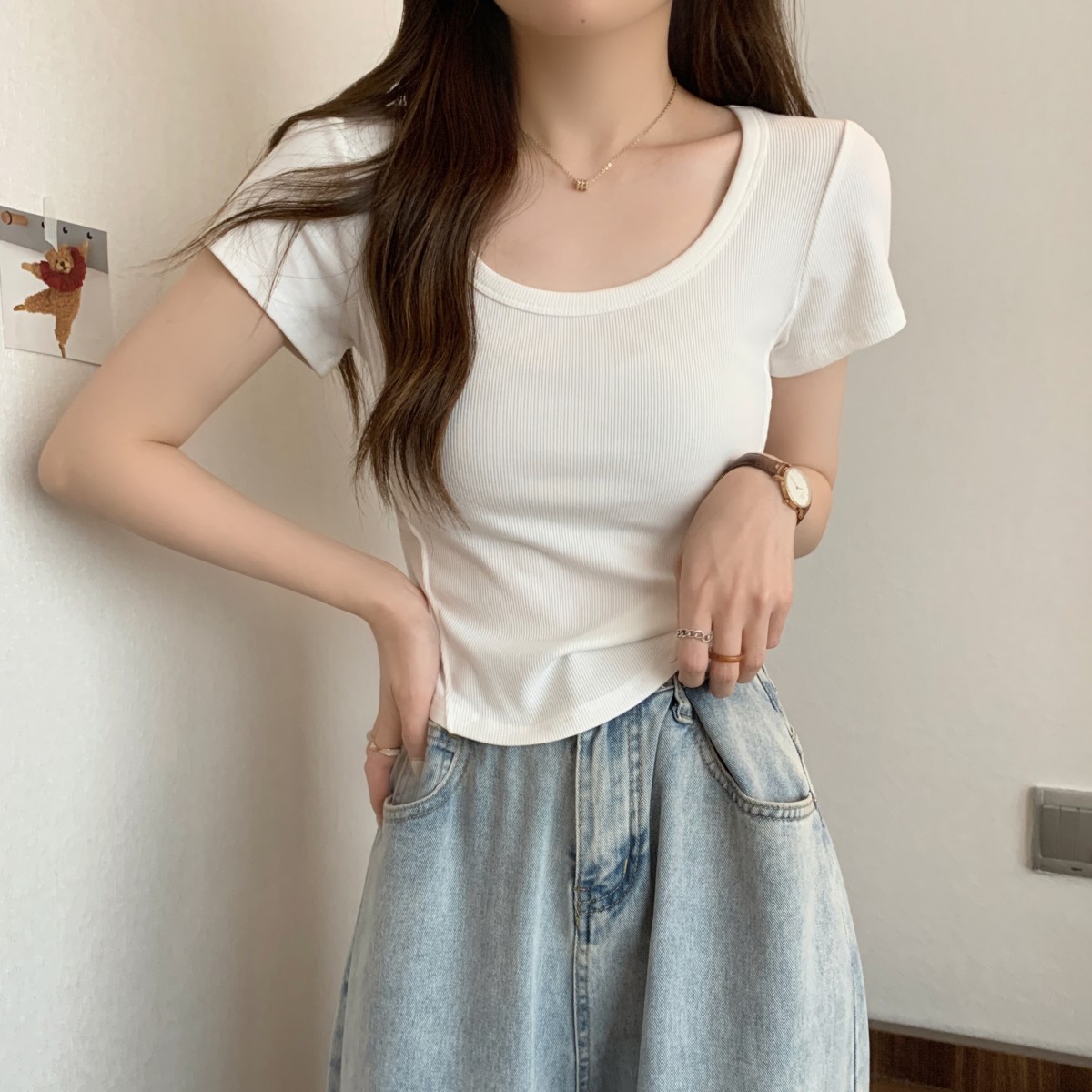 Picture of Irregular U-neck Short-sleeved T-shirt Women's 2025 Summer New Korean Style Slim-fit High Waist Short Student Solid Color Trendy Top