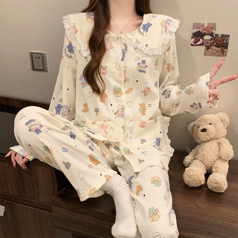 Dessert party pajamas women's spring and autumn cloud cotton long sleeve cute wind doll collar home clothes suit real shot wholesale