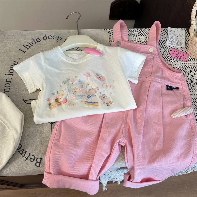 Korean children's clothing 2025 new summer girls pink suspenders loose jumpsuit cartoon T-shirt two-piece trendy