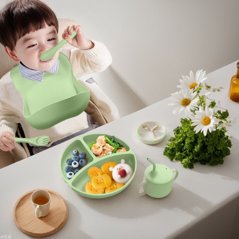 Cross-border Hot Selling Children's Supplementary Silicone Dinner Plate Bowl Fork Spoon Bib Five Pieces Tableware suit Drop Resistant Dinner Plate suit