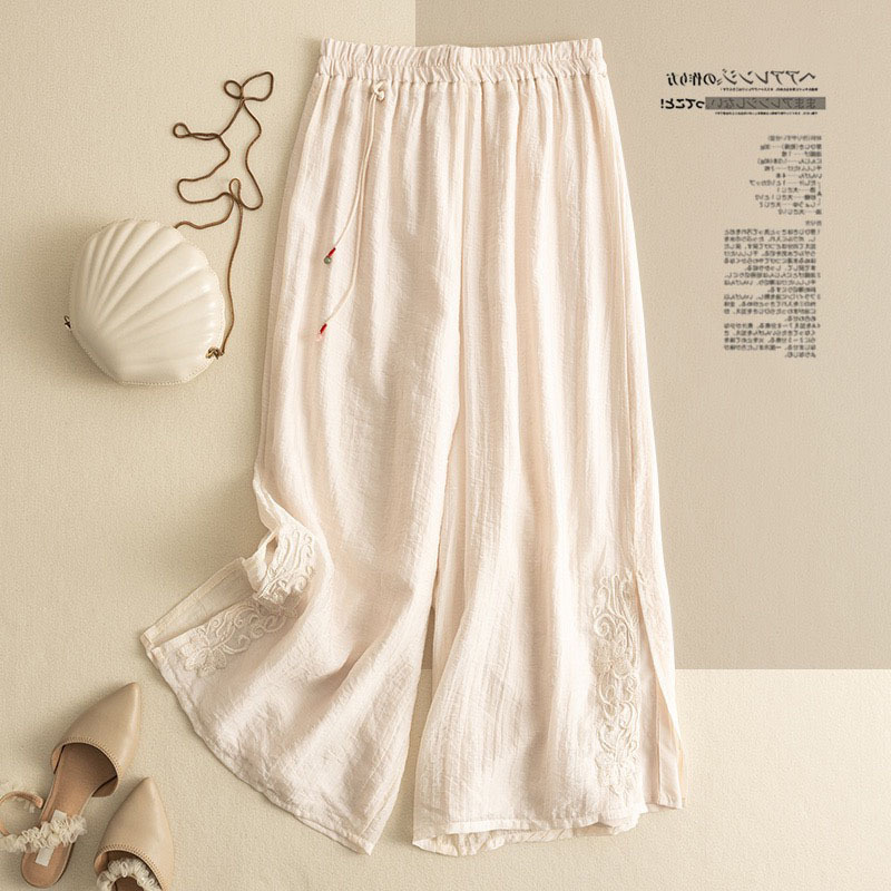 2024 Summer Chinese Style Retro Chinese Tang Suit Pants Han Element Zen Tea Clothes Embroidered Cotton and Linen Wide Leg Pants for Women
