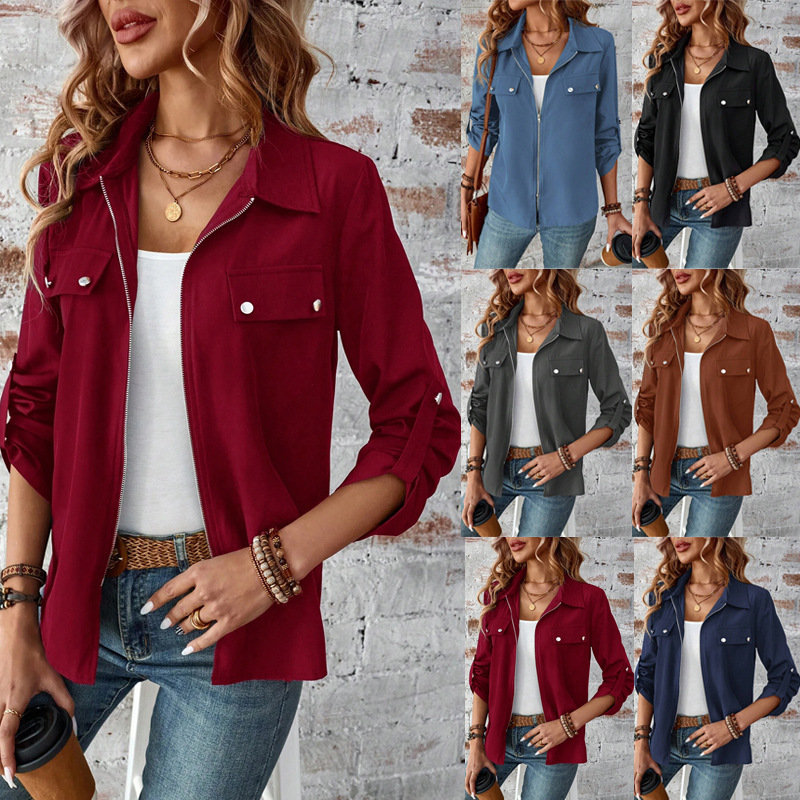 2024 Spring Autumn Winter New Cross-border Amazon Europe and America Lap Zipper Cardigan Purse Cap Solid Color Long Sleeve Coat Women