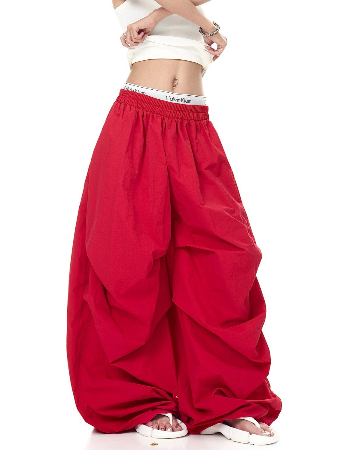 American Retro Niche Red Scimitar Paratrooper Pants for Men and Women, Summer Drawstring Loose Lazy Style Floor-Length Wide-Leg Trousers