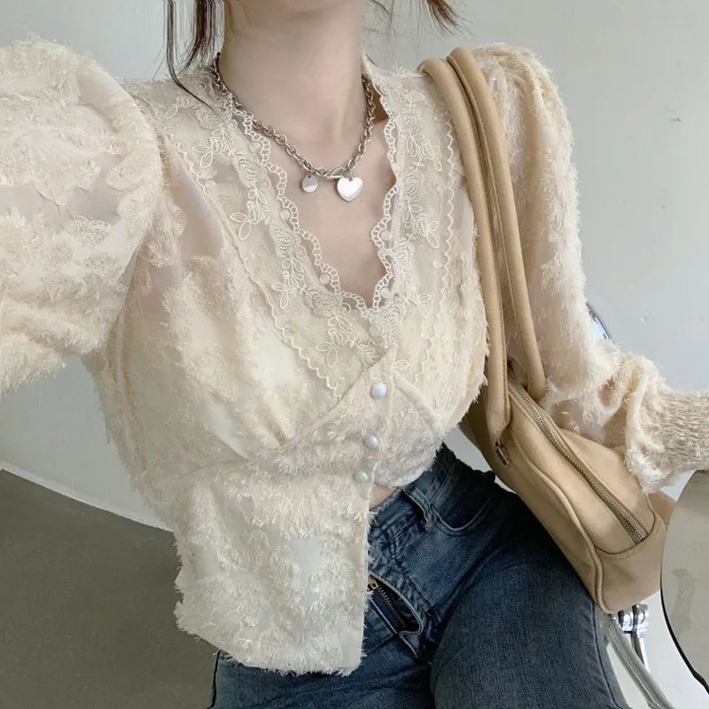 Picture of Design Sense Niche apricot Shirt Collar Inner fleece-lined Lace Base Shirt Short Celebrity Ladies Chanel Style Top Women