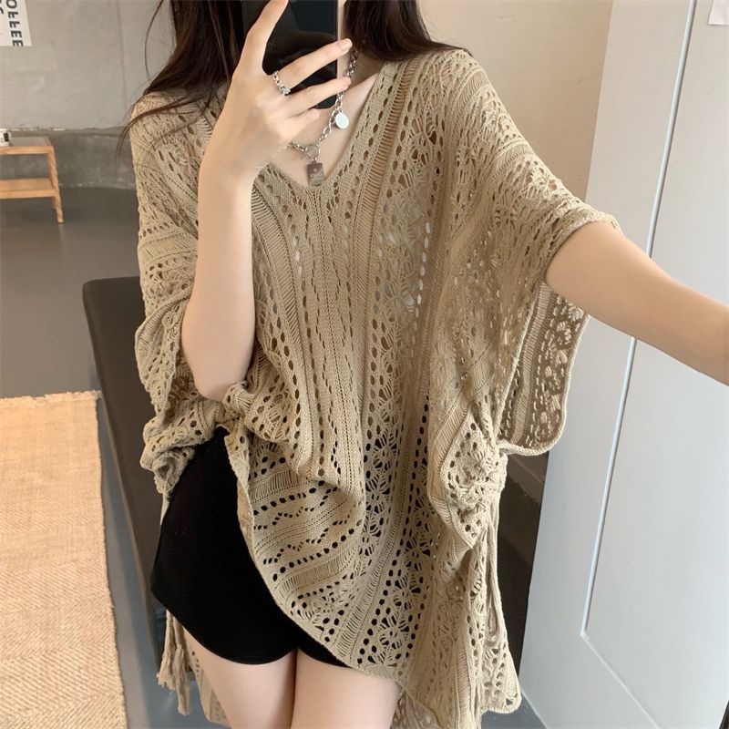 Vintage Spice Girls V-neck Hollow-out Knitted Sunscreen Blouse Women's Summer Design Sense Niche Loose Slimming Outer Wear Top