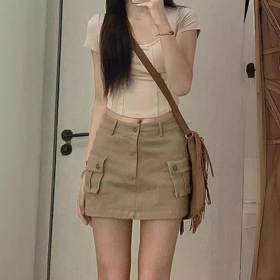 Workwear Skirt Women's 2025 Summer New Fashion High Waist khaki Slimming Spice Girl A- Line Skirt Hip Skirt