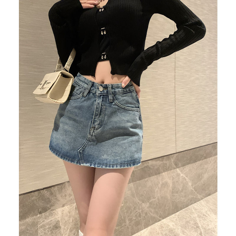 American Style Hot Girl A- line Denim Skirt Women's Summer New plus size chubby girl Anti-running Light Retro High Waist Skirt