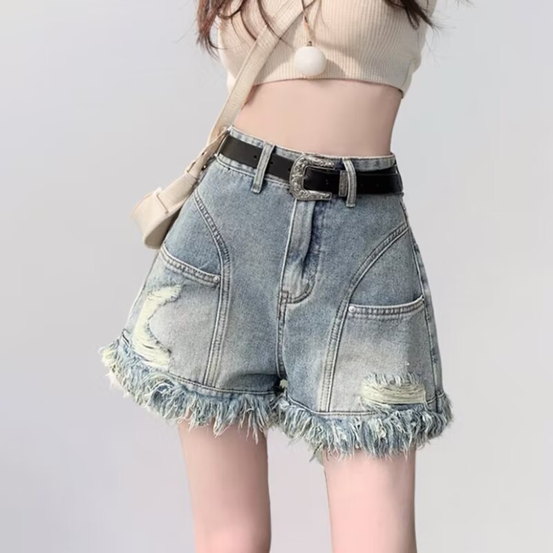 American-style Retro Hot Girl's Hole-ripped Tassel Denim Shorts Women's Summer Xiaozhong Design High Waist A- shaped Hot Pants