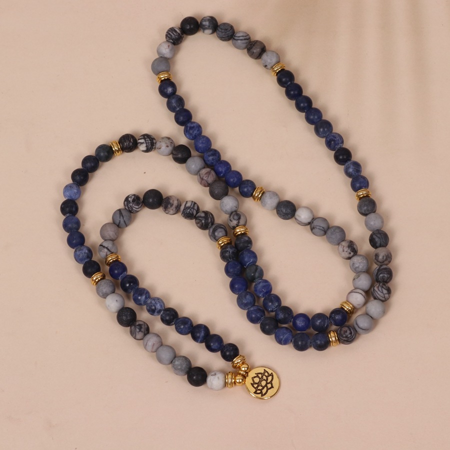 Picture of 108 beads bracelet Lotus pendant multi-layer bracelet blue pattern network stone beaded bracelet