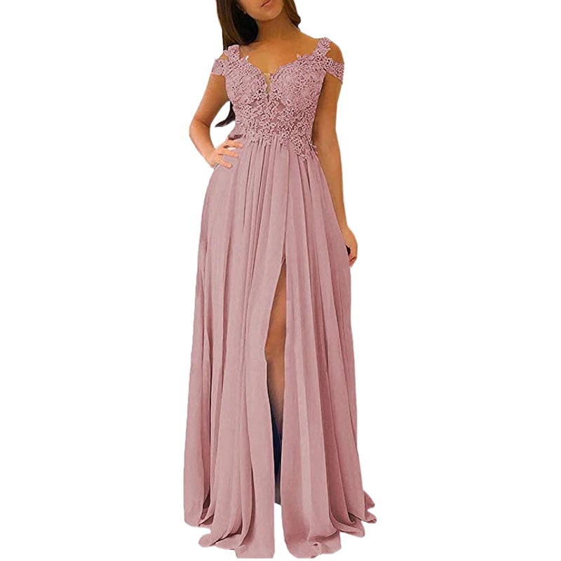 New Double Shoulders European and American Large Size Bridesmaid Dress Banquet Party Host Art Test Women's Evening Dress High Waist Slimming V-Neck