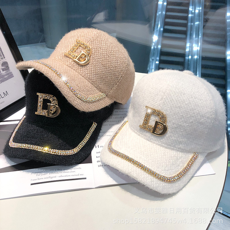 D Letter Rhinestone Plush Cap Women's Warm All-match Elegant Elegant Cap Korean Autumn and Winter Velvet Baseball Cap