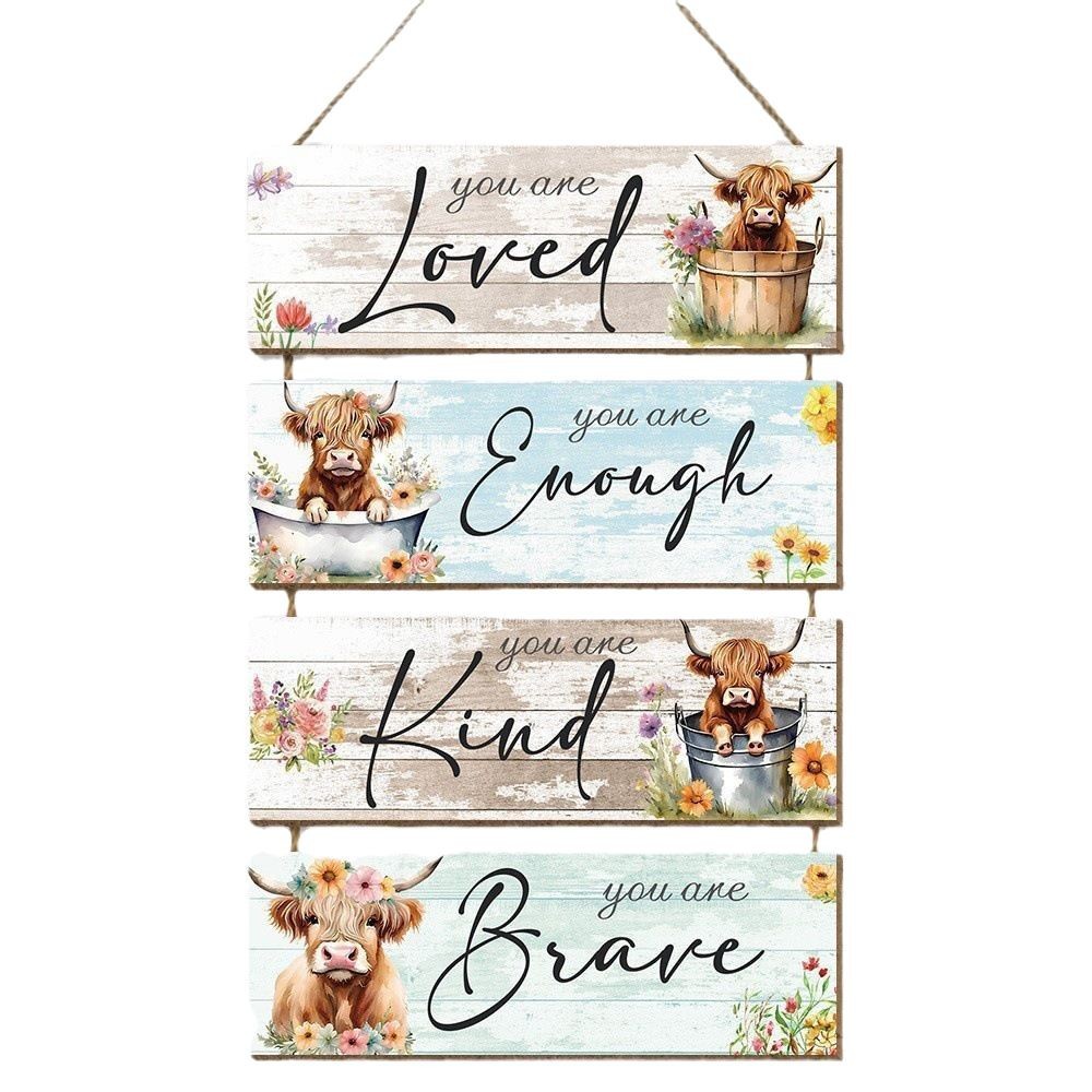 Picture of Cross-border Hot Sale Highland Cow Listing American Country Wooden Farmhouse Logo Wooden Door Plate Wall Decoration Wall Hanging