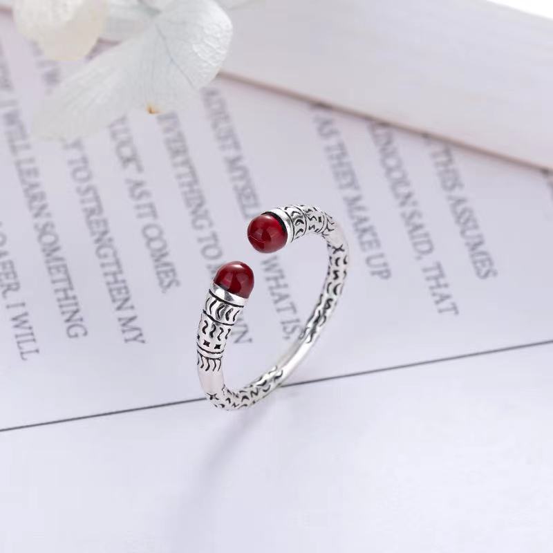 Picture of Retro style fashion match Ring red agate vintage distressed Thai silver unisex ring adjustable ring