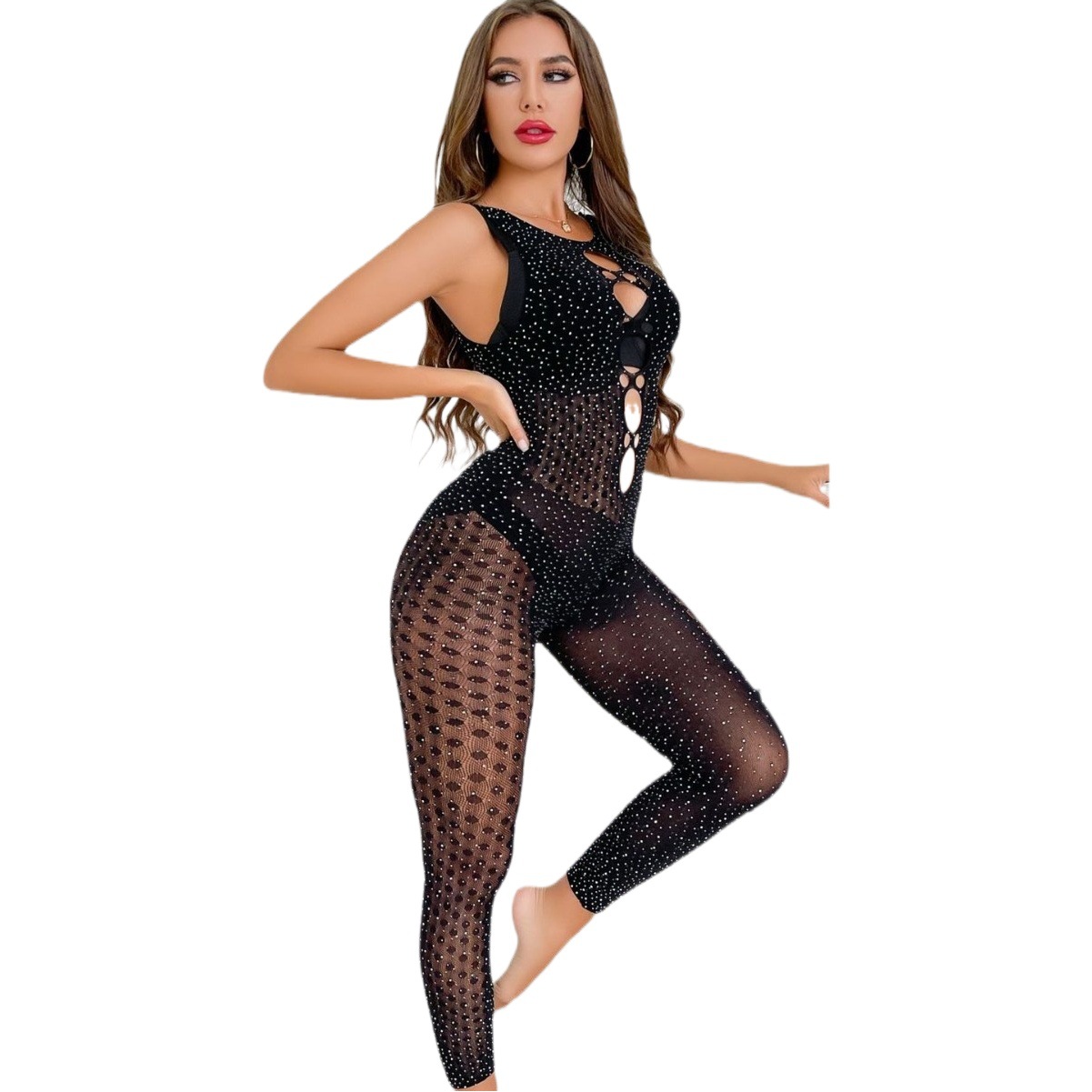 Tz217 Cross-Border Sexy One-Piece Baby's Breath Hot Diamond Net Clothing Sexy Figure-Highing Sleeveless Romper Net Clothing