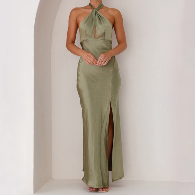 Amazon Split Dress Solid Color European and American Sexy Backless Slim Fit dress Women's New Halter Long Dress