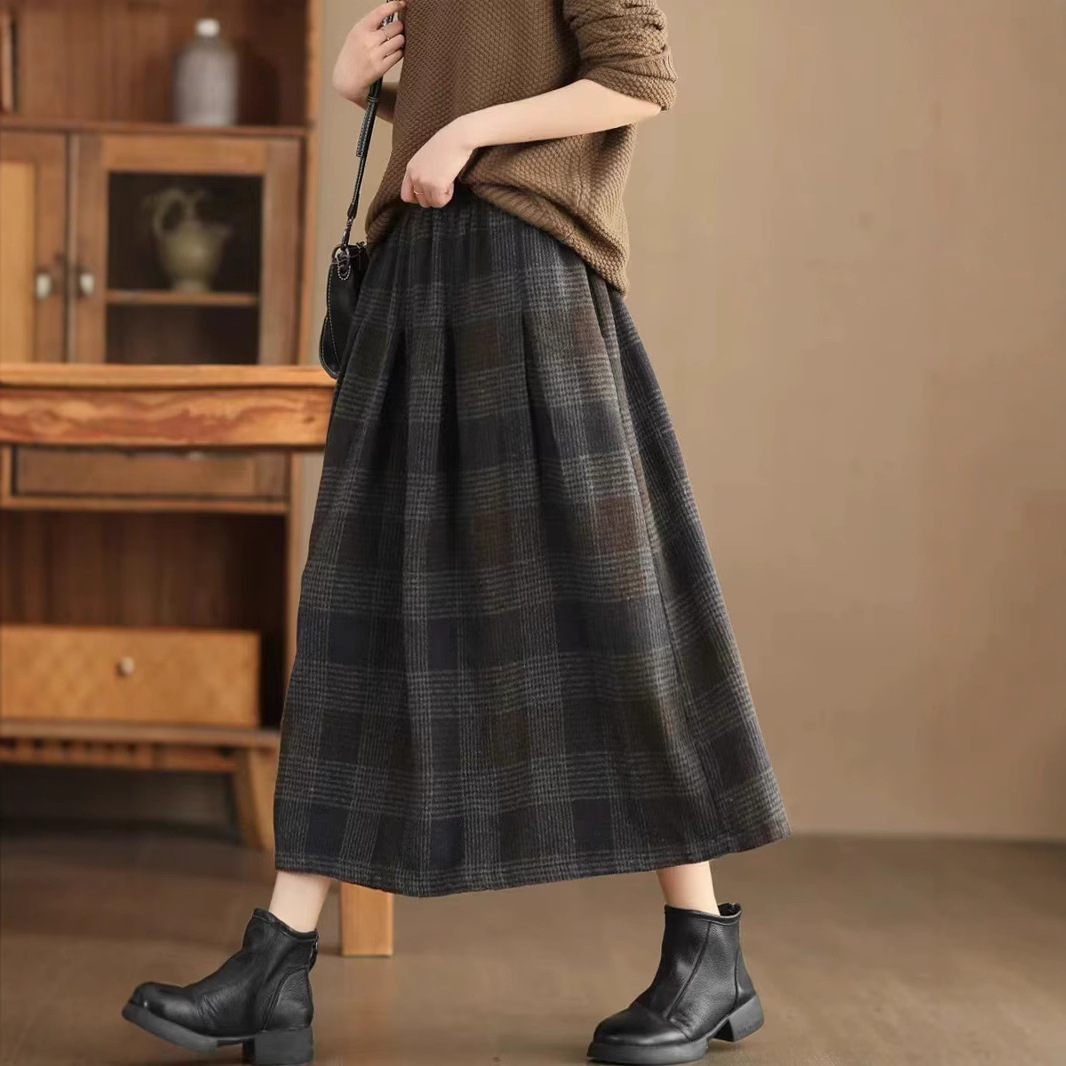 Garden Beauty Clothes Dyed 10% Wool Skirt Women's Yarn-Dyed Plaid Warm A- Line Skirt Mid-Length Woolen Skirt Winter