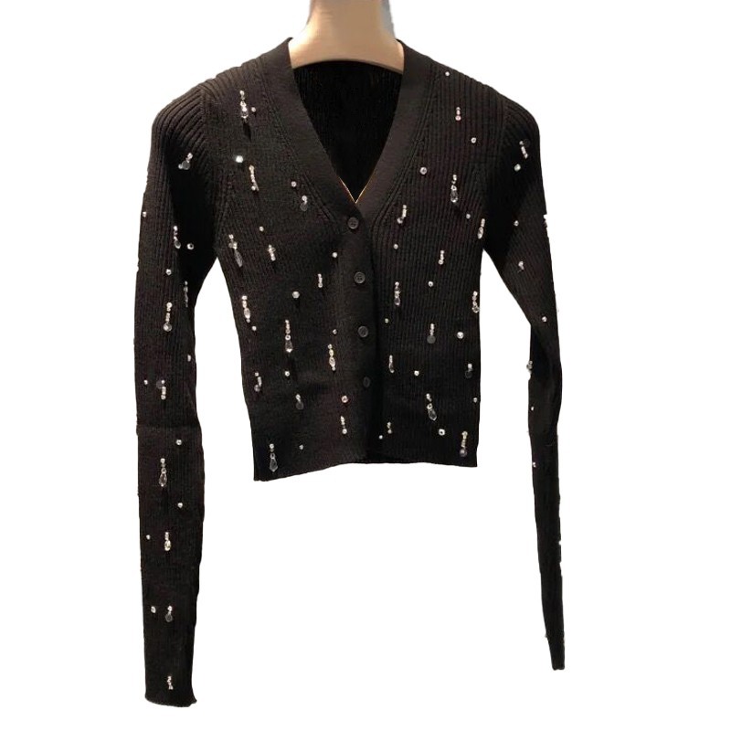 Picture of Miu Style Beaded Diamond Long-Sleeved Knitted Cardigan V Neck Versatile Black Slimming Look Spring New Short Sweater for Women