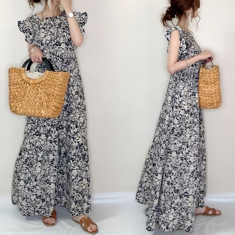Cross-Border Supply 2025 New Summer Round Neck Lotus Leaf Sleeve A-Line Skirt Slimming Look Student Small Floral Mid-Length Skirt