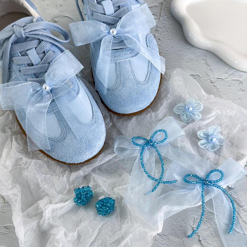 Ins Blue Mesh Bow Crystal Beaded Shoe Buckle Fashion All-match Shoe Pendant Shoe Flower Shoe Buckle Shoe Accessories for Women