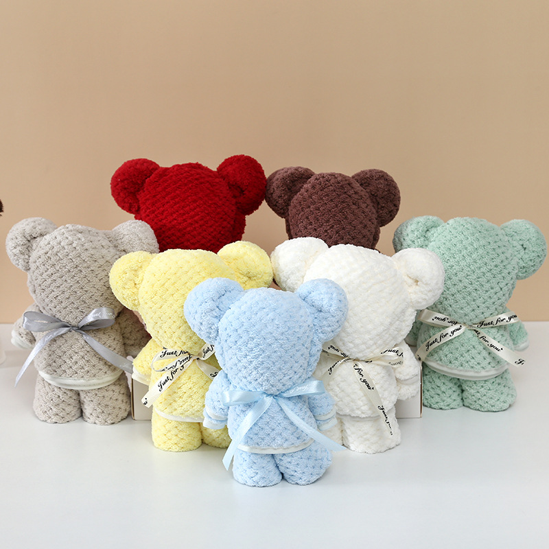 Factory supply wedding coral fleece towel bear portable gift box embroidered LOGO absorbent Japanese pineapple grid