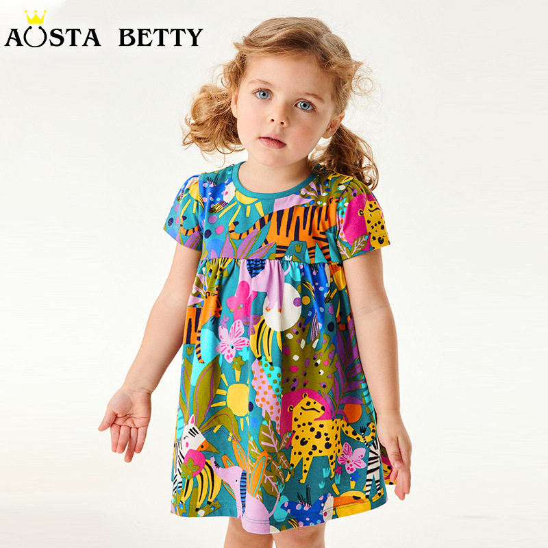 Picture of Summer New Girls' dress Cartoon Animal Print Princess Dress Crewneck Pullover Knitted Cotton Short Sleeve Children's Dress