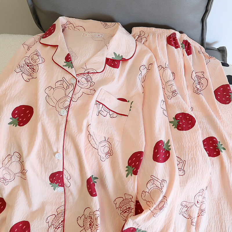 Picture of Online Celebrity Live Dopamine Color Striped Long Sleeve Pajamas Women's Loose Bubble Wrinkle Cute Cross-border suit Foreign Trade