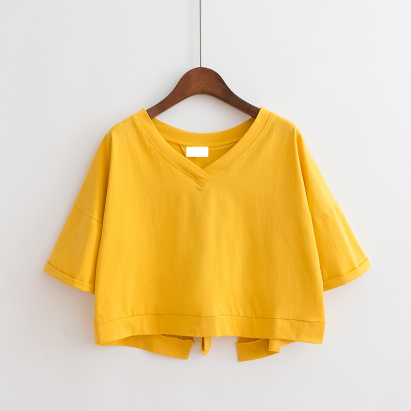 Solid color back stitching split V-neck loose high waist short top female student lace-up short sleeve t-shirt women's wholesale