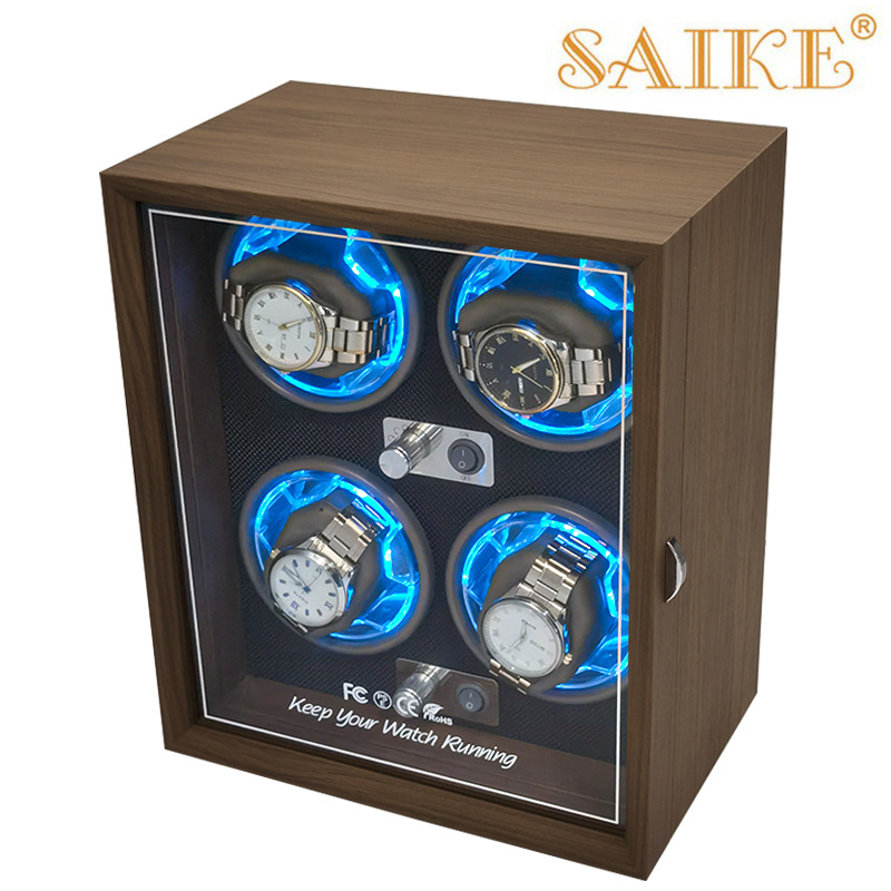 [Ice Heart Blue] Spot Wholesale Black Walnut Pattern Wooden 4-Meter Automatic Mechanical Watch Electric Household Watch