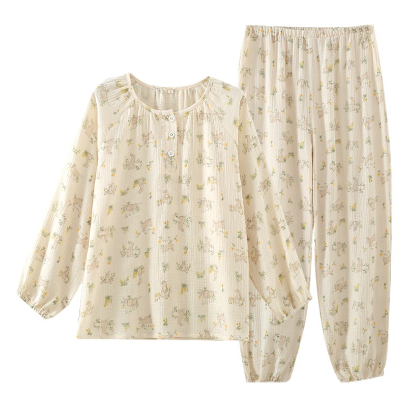 [Pure Cotton Gauze] Women's Spring and Autumn Long Sleeve Pants Pajamas Soft Outer Wearing Round Neck Sweet Rabbit Home Clothes