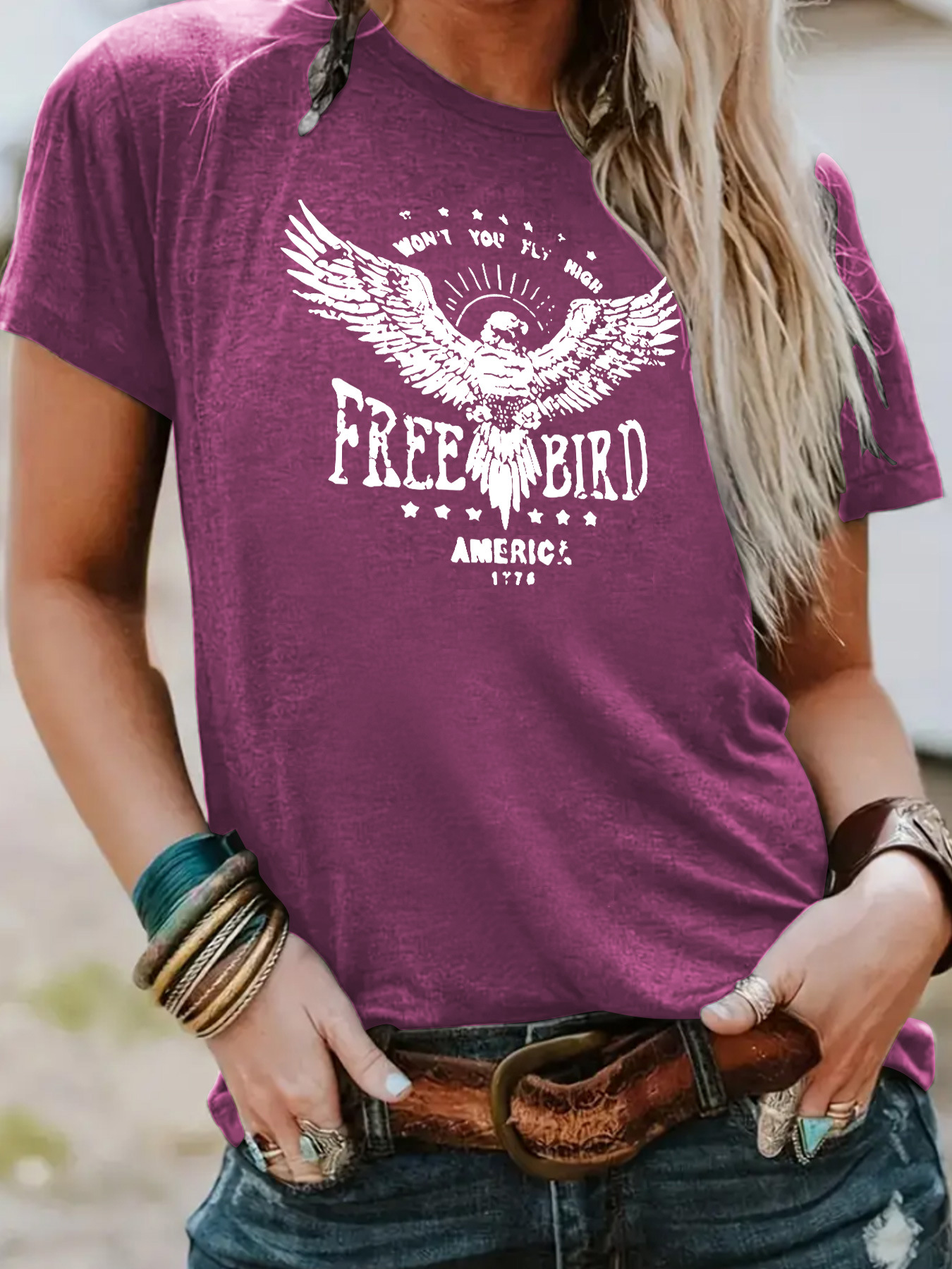 European and American independent station cross-border temperament T-shirt female in stock FREE BIRD eagle printing summer new short sleeve wholesale