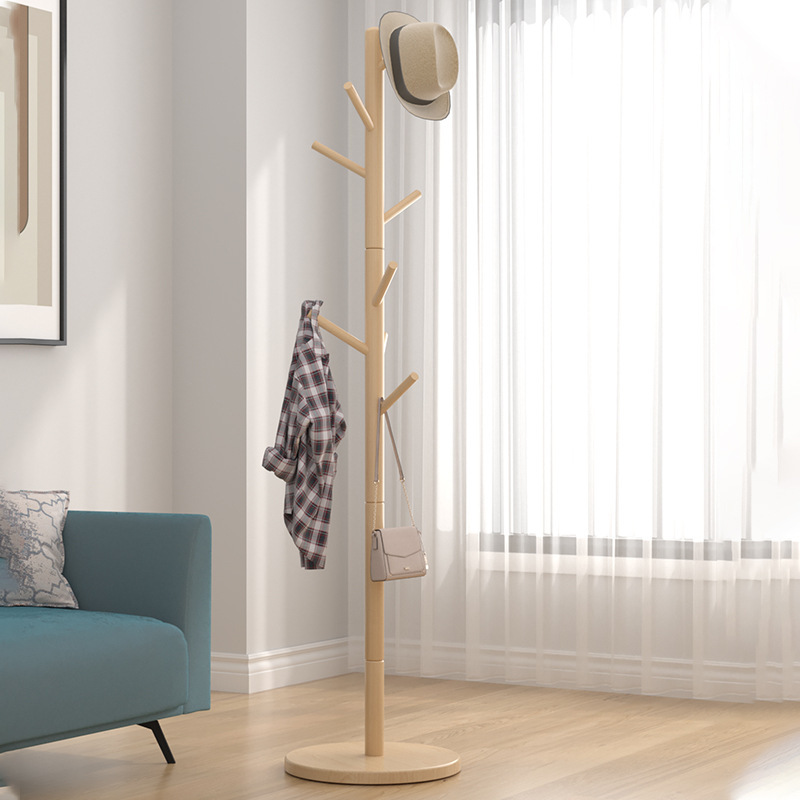 Picture of Solid wood coat rack floor-to-ceiling bedroom built-in living room hanging clothes rack home single pole vertical simple bag hanging rack