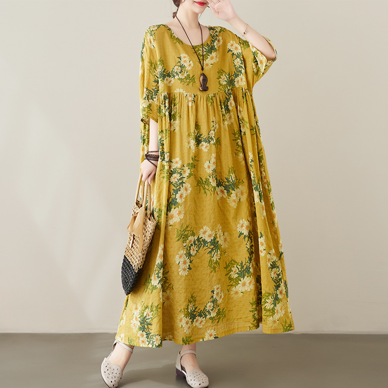 Cross-border Foreign Trade 2023 New Artistic Retro Age-reducing Mother's Dress Extrawidth Round Neck Pullover Hemp Cotton Dress for Women