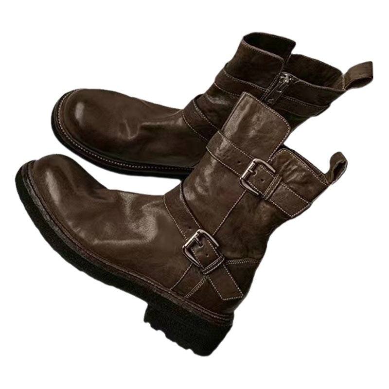 Grape mom's same style popular popular washed shrink horse leather round toe thick bottom thin short boots for women Knight boots autumn and winter