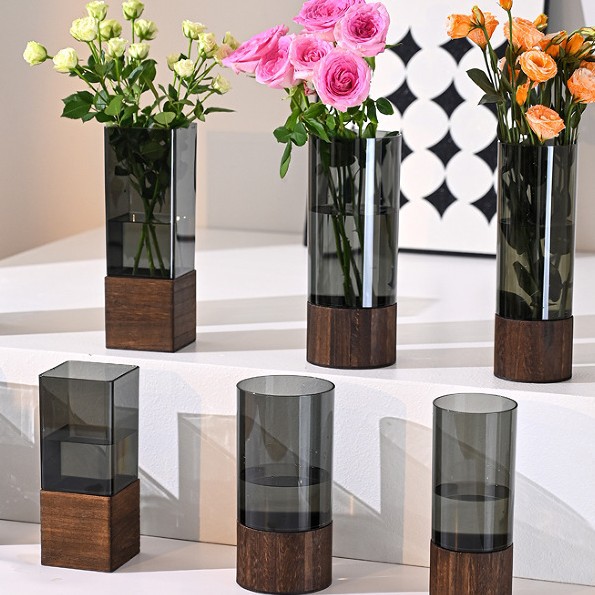 Square Vase with Wooden Tray Flower Bucket Ornaments Transparent Flowers Dried Flowers Living Room Dining Table Flower Ornament Flower Bucket